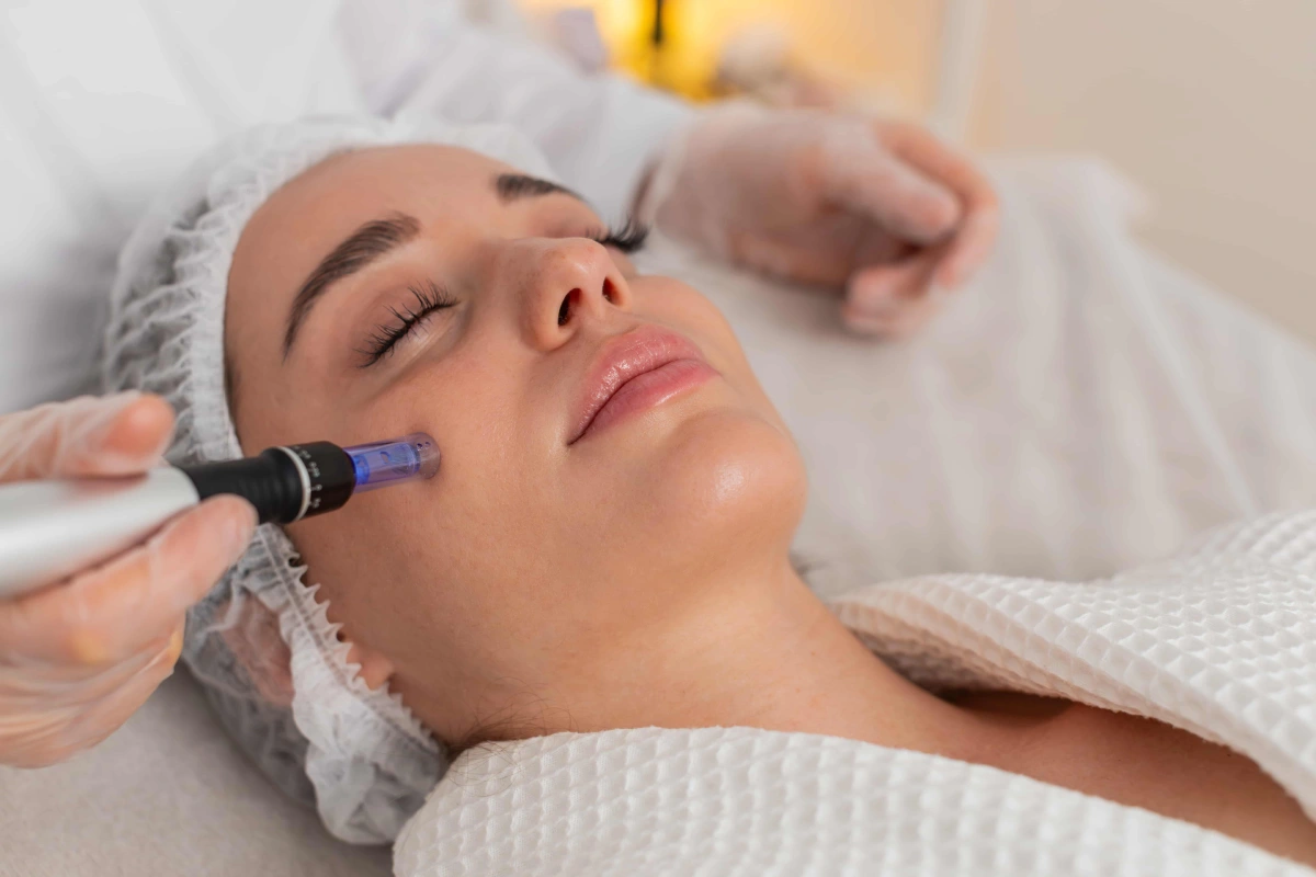 Woman receiving Secret RF microneedling treatment in Katy, TX, with a provider using a radiofrequency device to improve skin firmness and texture